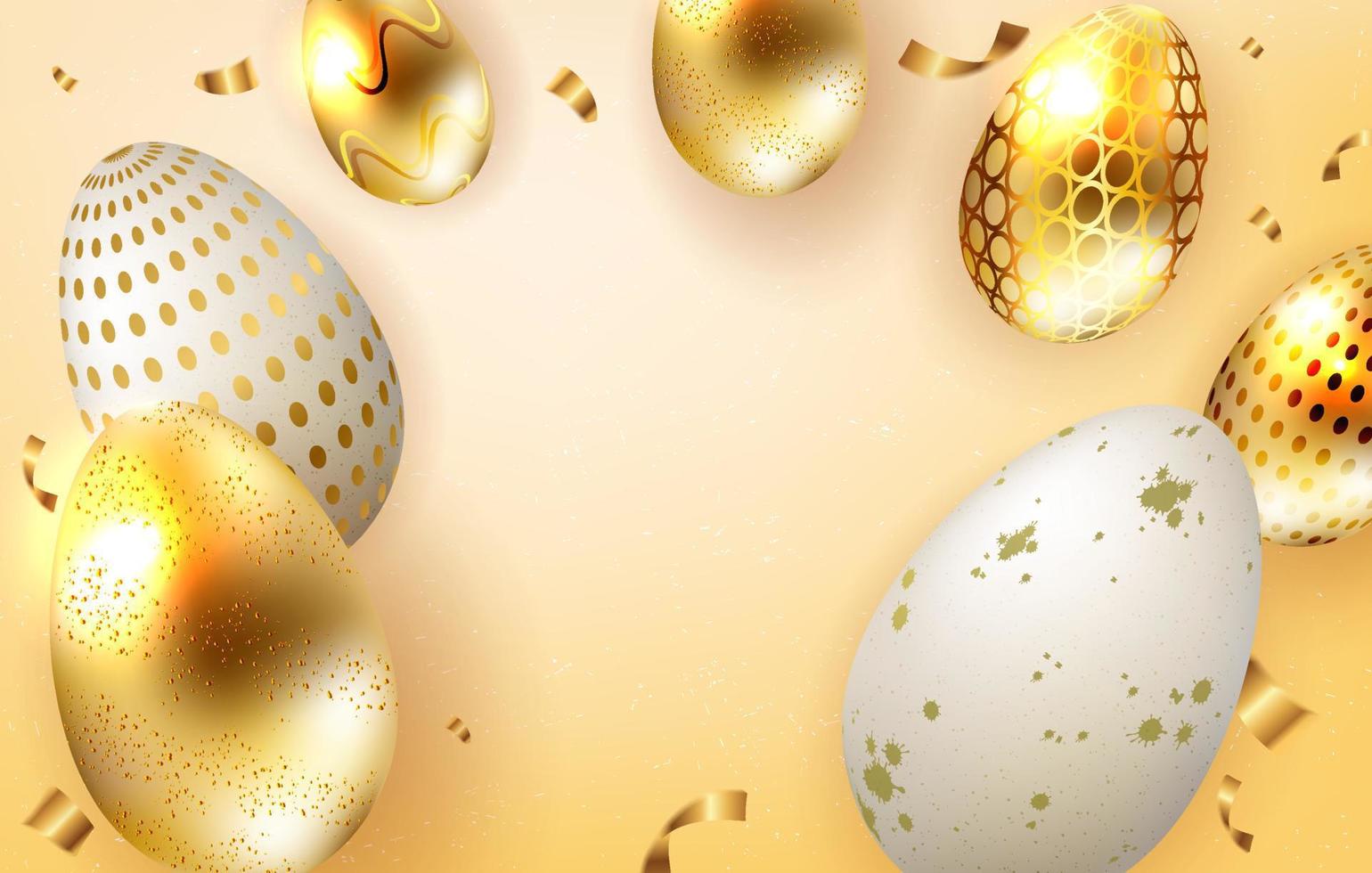 Yellow Easter composition with a set of eggs on pendants, with a different pattern in white and gold. vector