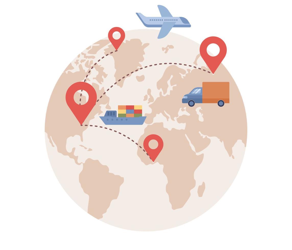 Global logistics network. Export, import, warehouse business, transportation. Air freight, ocean shipping, container ship on world map. Business logistics. Vector flat illustration