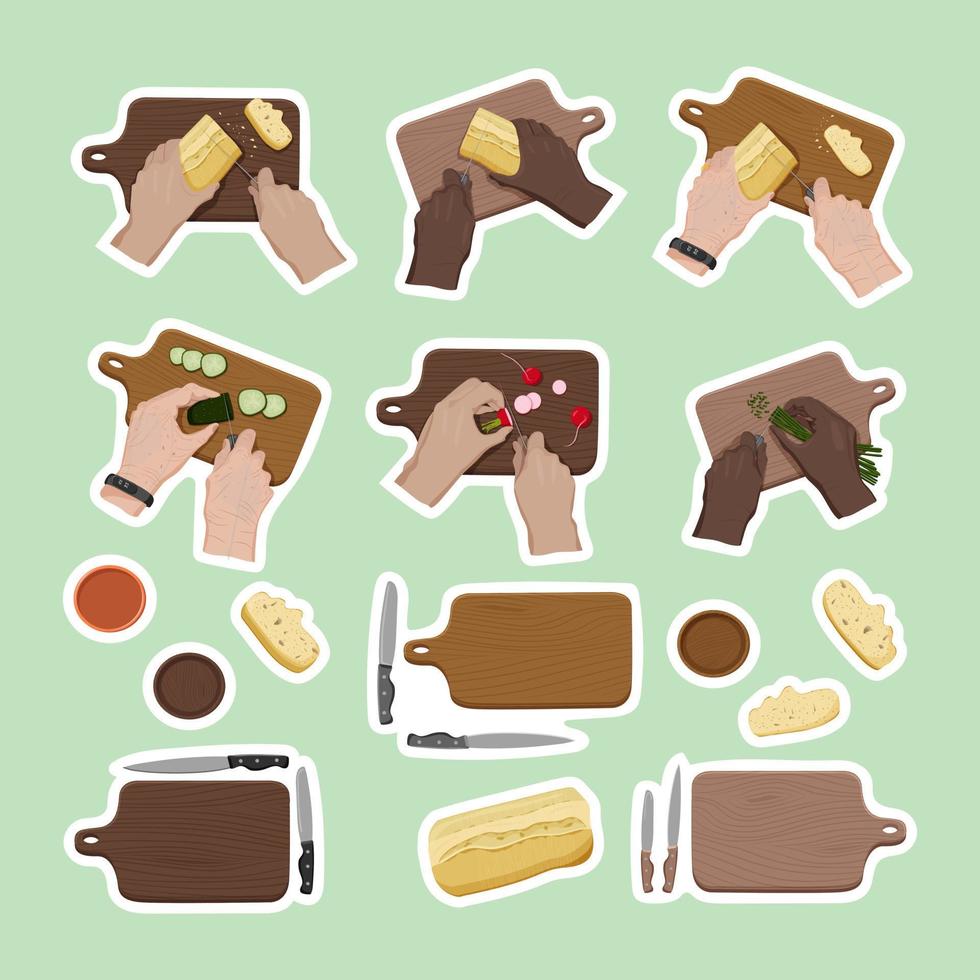 Stickerpack of cutting boards, knives, bowls and cooking hands with cutting boards. Vector flat isolated illustration. Colorful stickers with healthy food