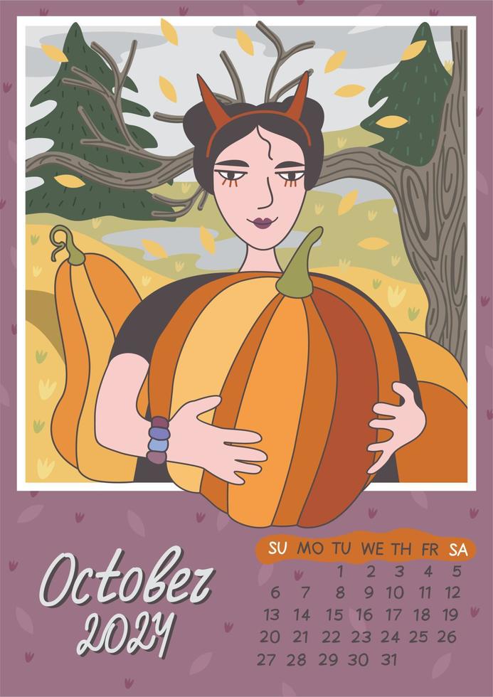 October 2024. Calendar A4, A3. Week starts on Sunday, vector illustration with cute little girl holding big pumpkin and preparing to Halloween.