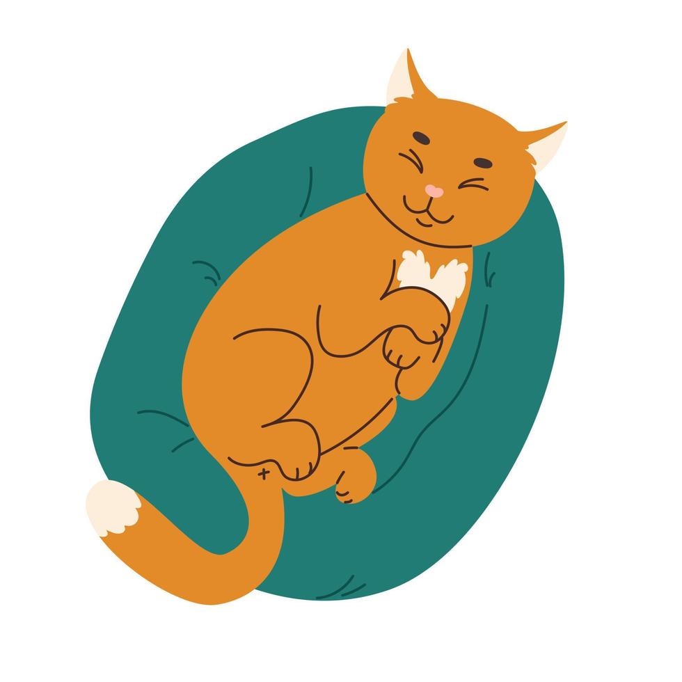 Cute ginger lying on green pillow. Happy cat squeezed his eyes shut. Domestic animal flat vector illustration