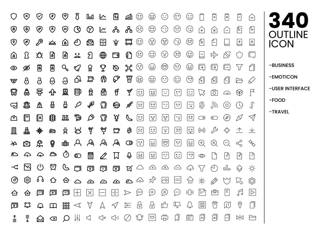 mega set outline icon set. business, emoticon, user interface, food, travel icon set vector