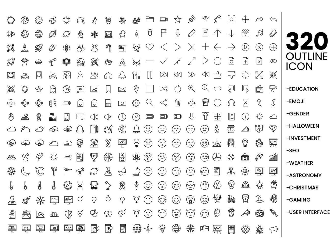 mega set outline icon set. education, emoji, gender, halloween, investment, seo, weather, astronomy, christmast, gaming, user interface vector