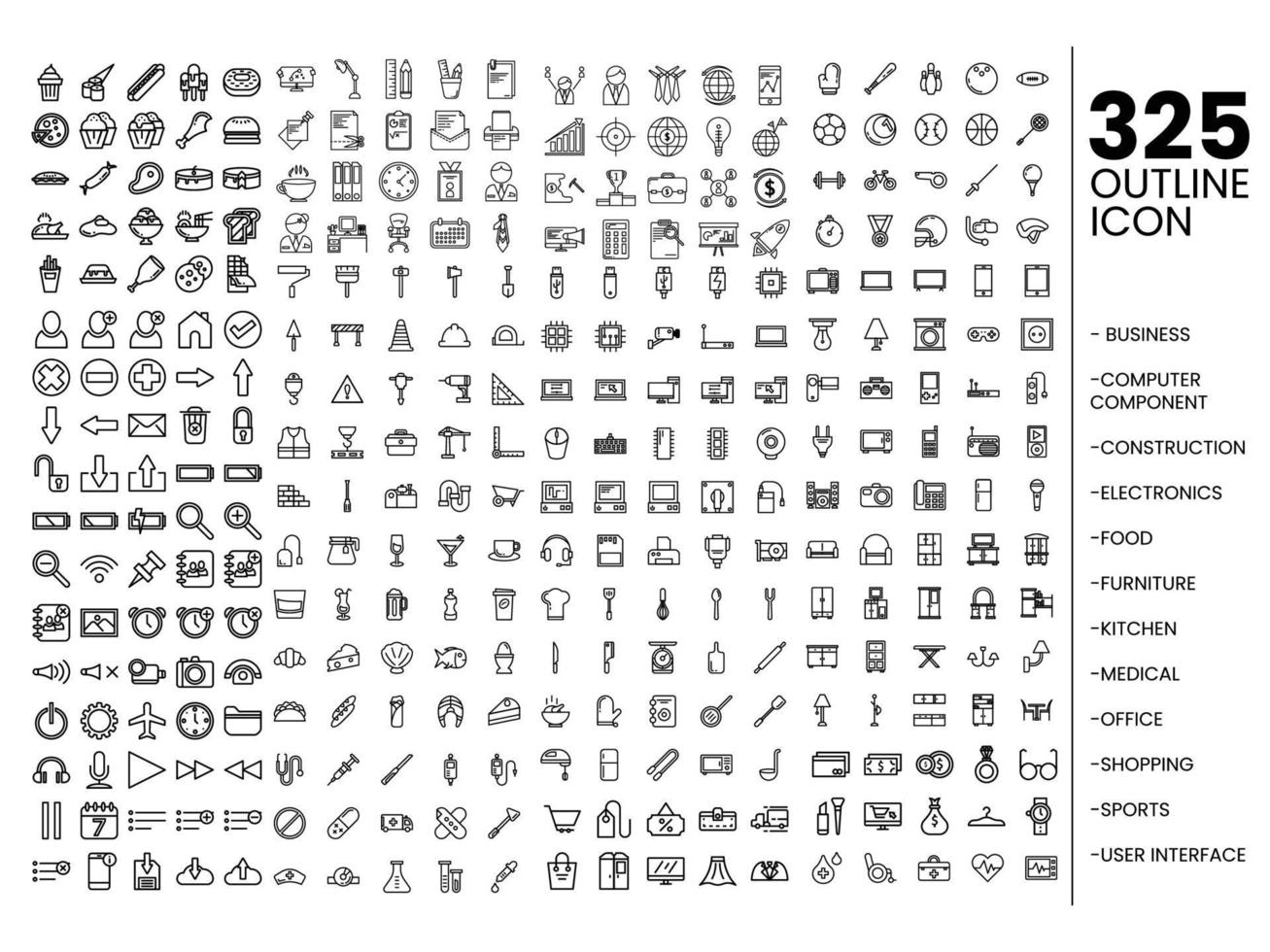 mega set outline icon set. business, computer component, construction, electronic, food, furniture, kitchen, medical, office, shopping, sports, user interface icon set vector