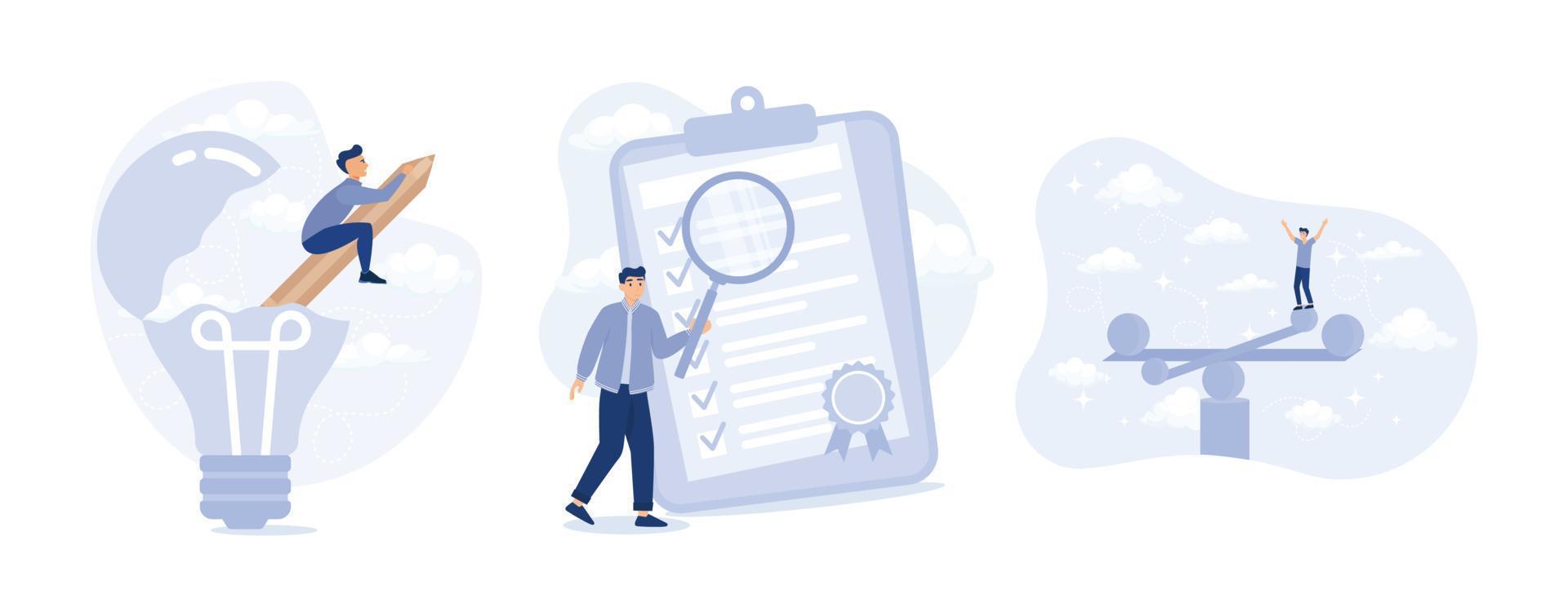 Creativity to create new idea,Standard, quality control or certified approval,Work life balance.set flat vector modern illustration