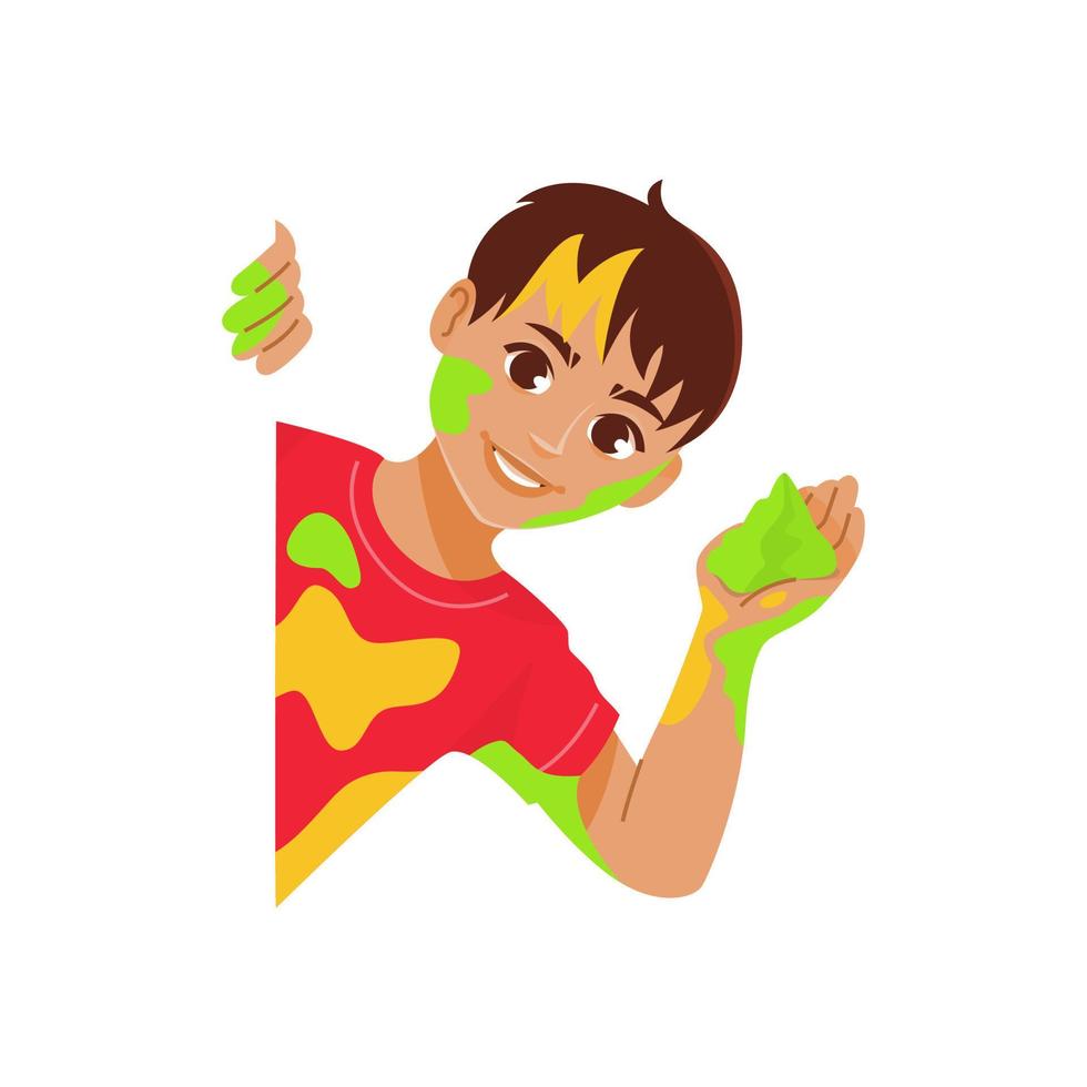 Kid enjoying Dhulandi or Holi festival. Cartoon vector