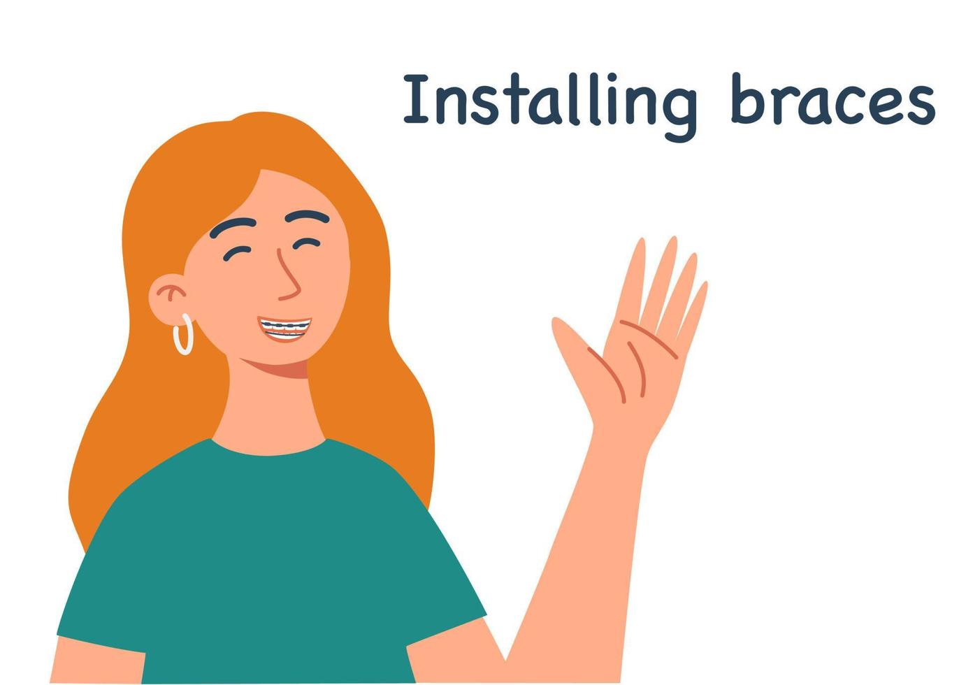 Smiling girl with braces on teeth. Installing braces. Correction of byte. Dentistry. Orthodontics. Installing braces. Metal braces. Straight teeth. Vector illustration in flat style.