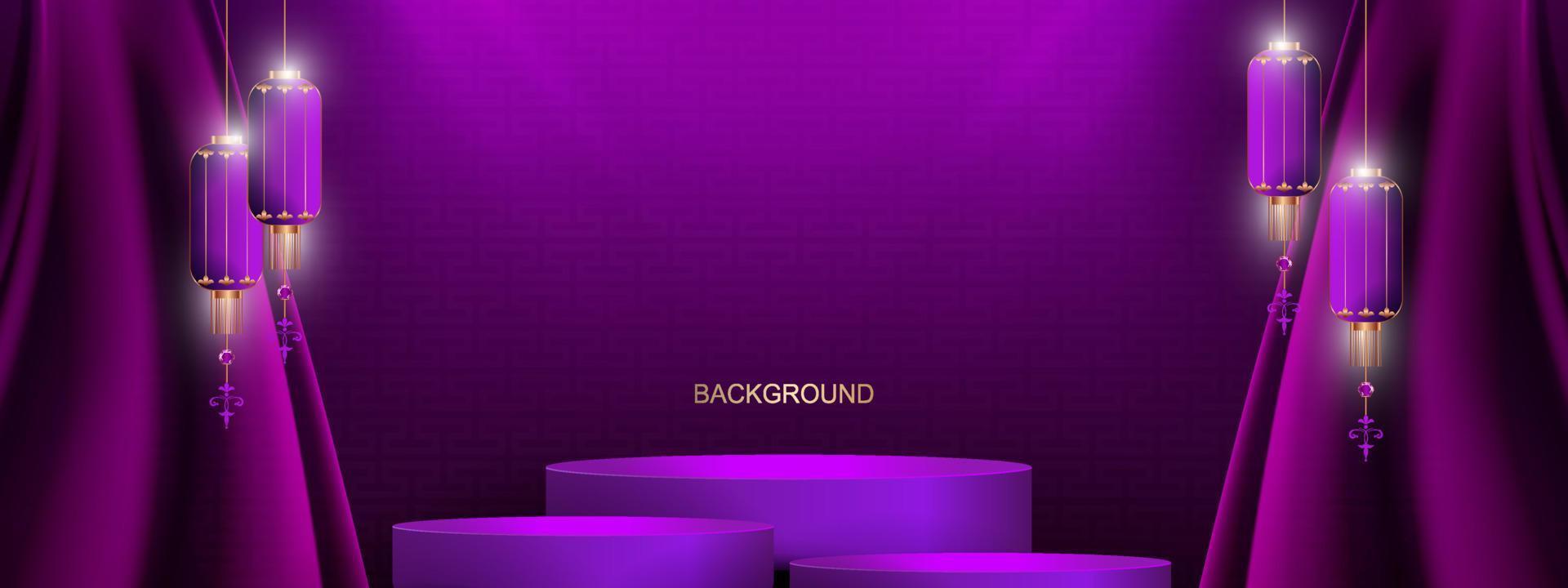 Stage with curtains and burning lanterns, composition in purple hue. vector