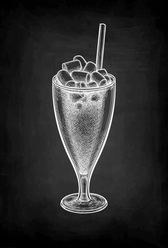 Hot sweet drink with marshmallows. Coffee or cocoa. Stemmed glass with drinking straw. Chalk sketch on blackboard background. Hand drawn vector illustration. Retro style.