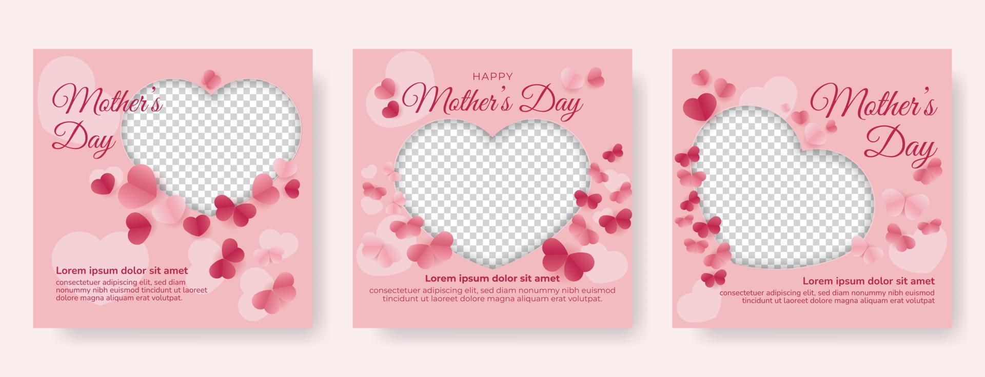 Happy Mothers Day Social Media Post Templates Design set.Square banner with pink color and love shape decoration. For social media, flyers, and websites vector