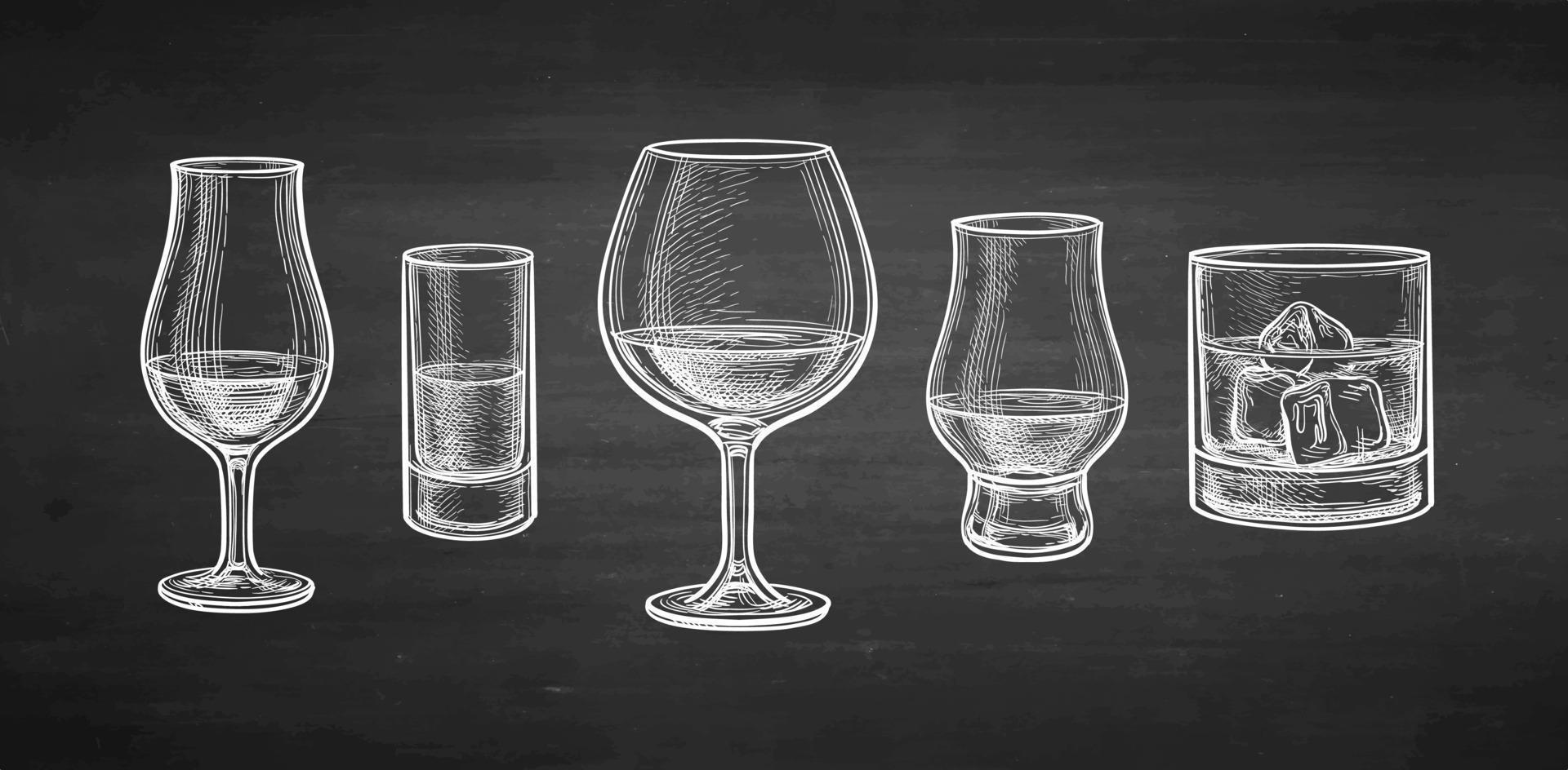 Whiskey glasses. Chalk sketch on blackboard background. Hand drawn vector illustration. Retro style.