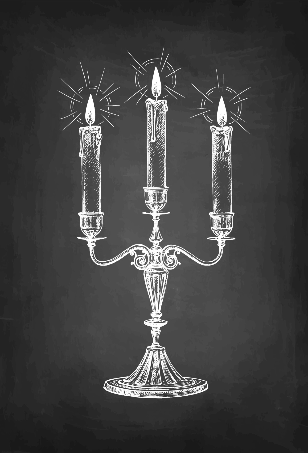 Burning candles in candelabrum. Chalk sketch on blackboard background
