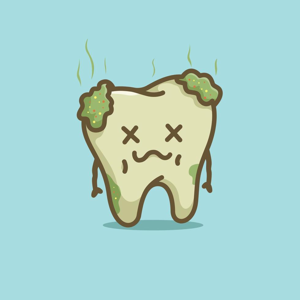 Cute cartoon moldy teeth with crossed out eyes character vector illustration health dentist icon