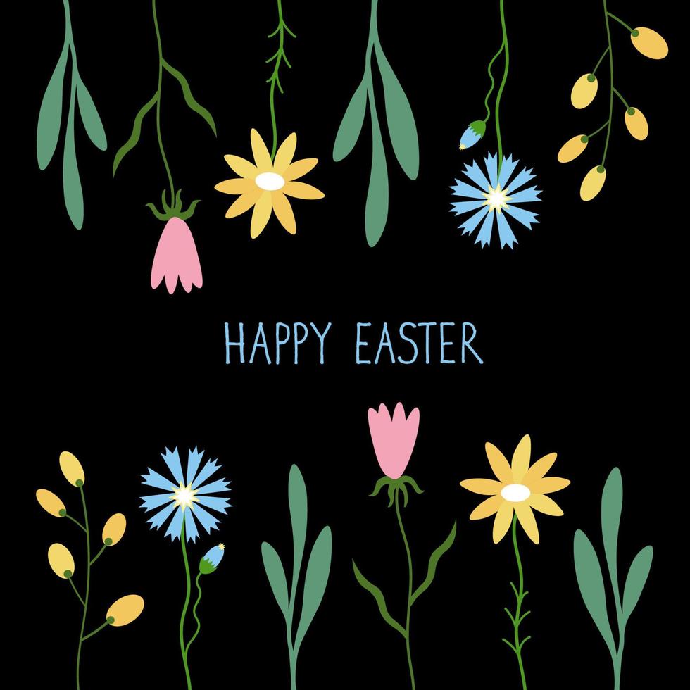 Happy Easter. Doodle illustration with forest flowers, leaves with sign Happy Easter and spring related elements. Great poster or card for social networks.Spring ornament vector