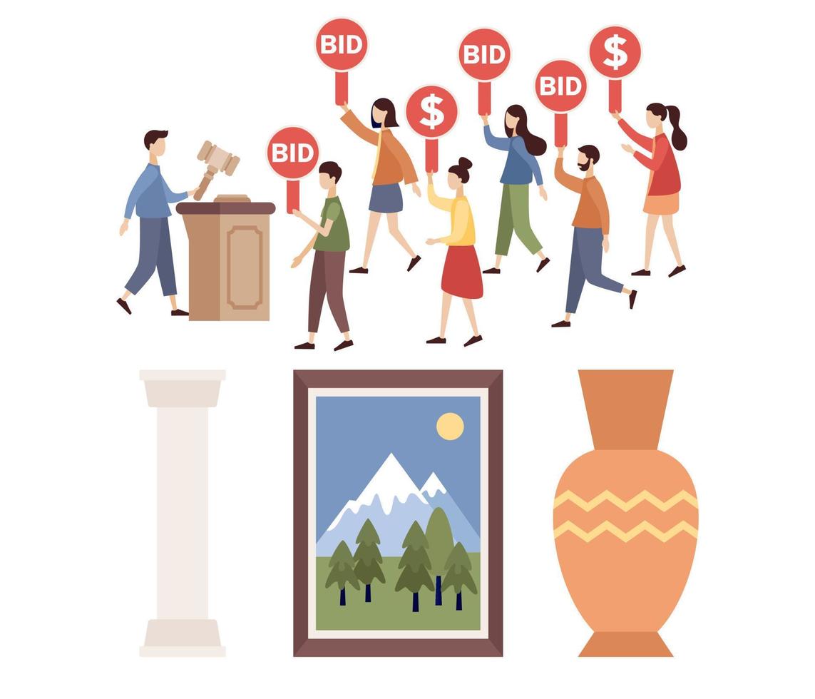 Auction concept set icon. Tiny people bidder, buyer and auctioneer bidding in public auction. Vector flat illustration
