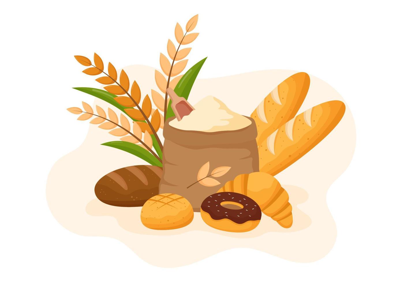Bread Mill Illustration with Wheat Sacks, Various Breads and Windmill for Web Banner or Landing Page in Flat Cartoon Hand Drawn Templates vector