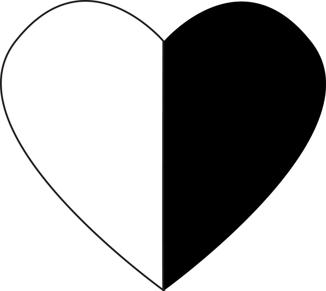 For decoration, a half-black and half-white heart-shaped vector on an isolated background.