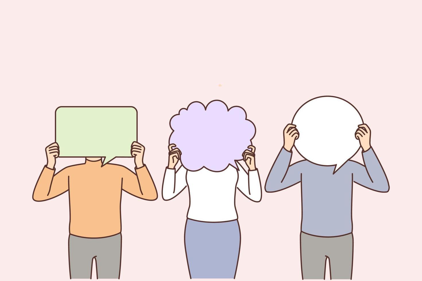 Diverse people with speech bubbles in front of heads. Men and women holding talk balloons communicating. Communication and chat. Vector illustration.