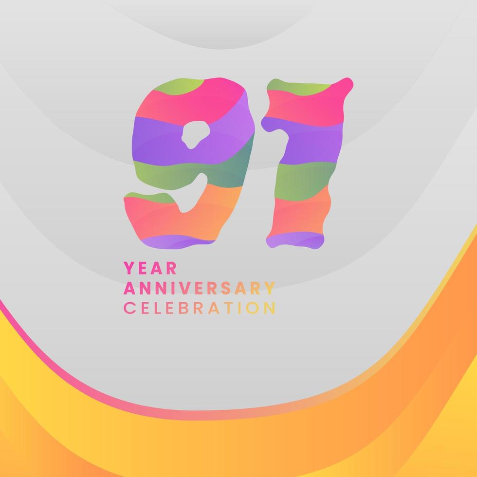 91 Years Annyversary Celebration. Abstract numbers with colorful templates. eps 10. vector