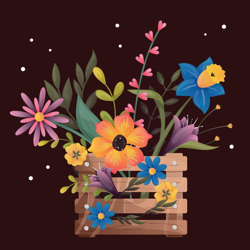 Colorful spring flowers in a wooden box. Blue daffodil, pansies, lilies, bluebells, orange poppies, blue and pink chamomiles. Colorful spring flowers for postcard with green leaves on brown background vector