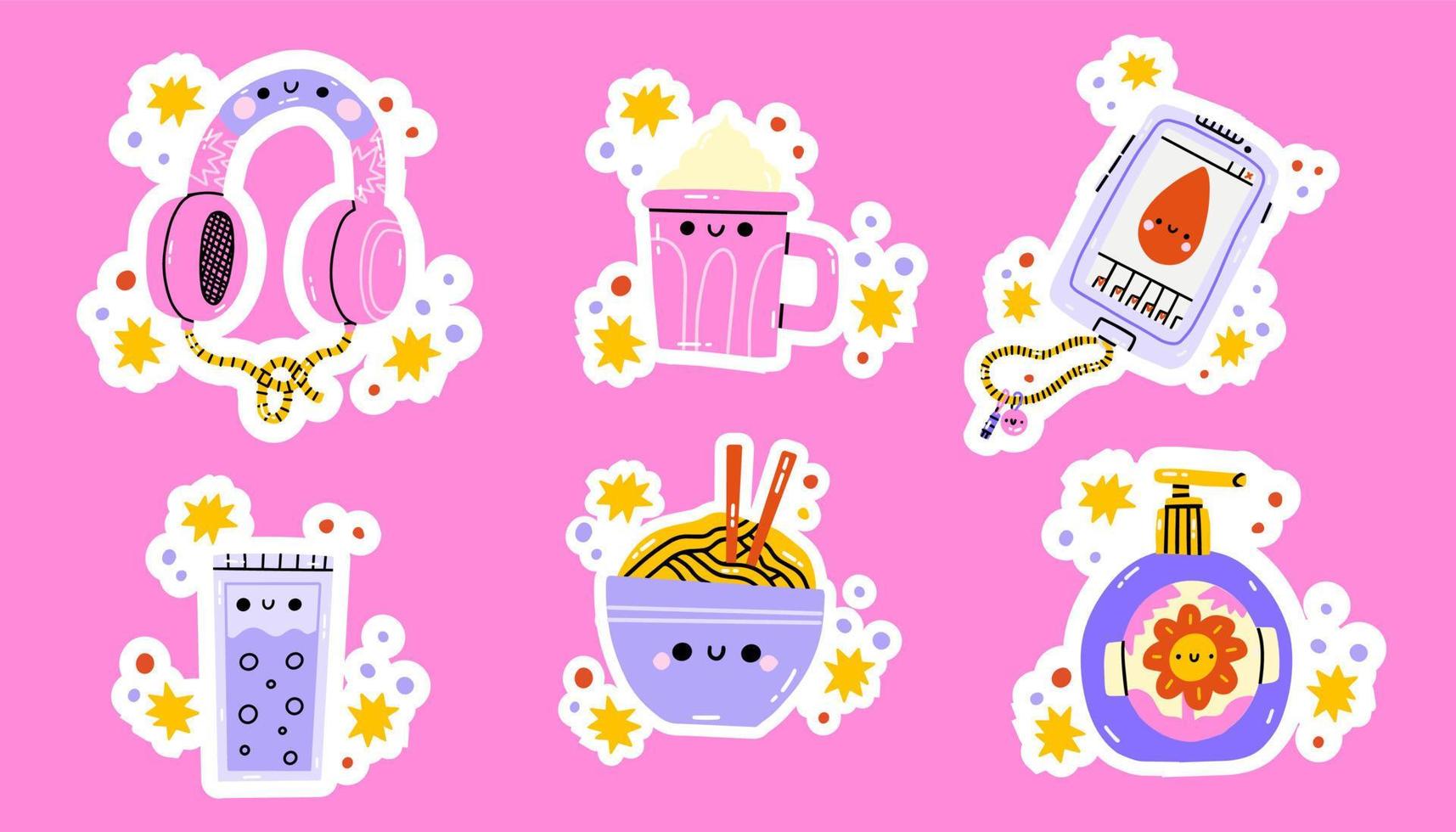 Stay home collection, indoors activities, concept of comfort and coziness, set of isolated vector illustrations, scandinavian hygge style, isolation period at home. Stickers and patches