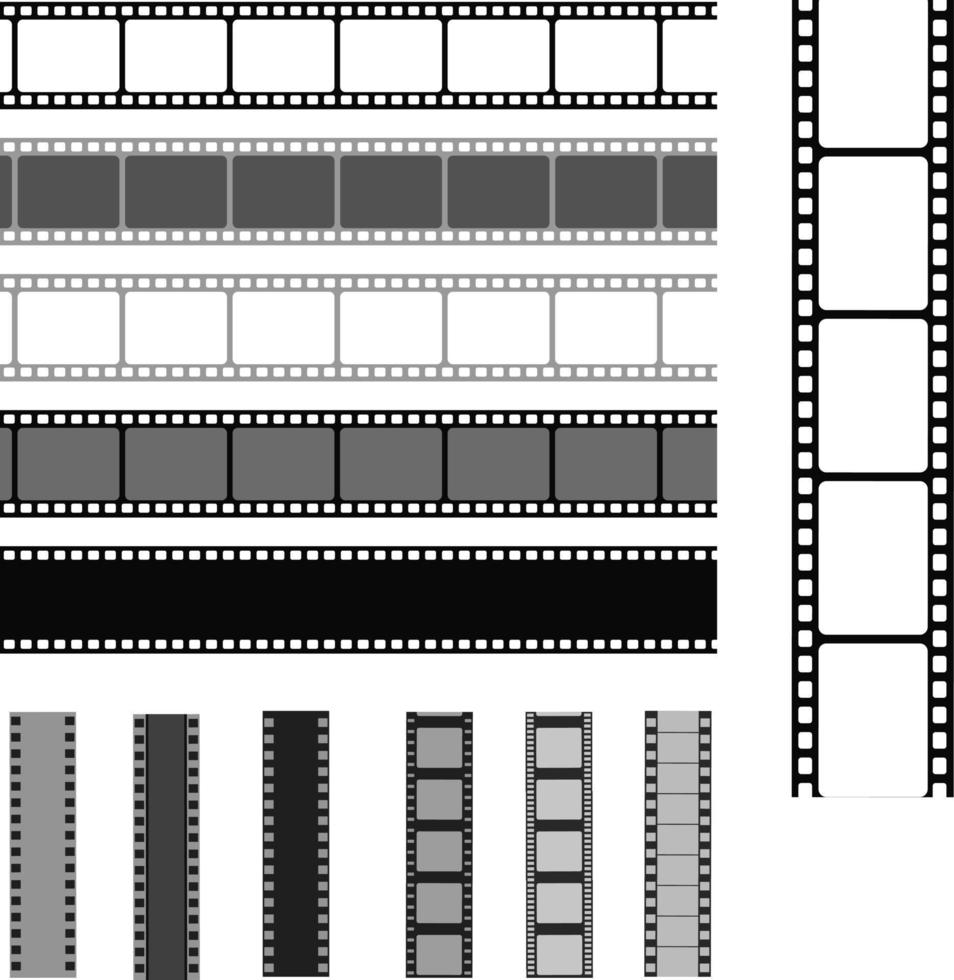 Film strip templates. Cinema monochrome border celluloid tape, media empty image photo video vintage frame movie reel vector set