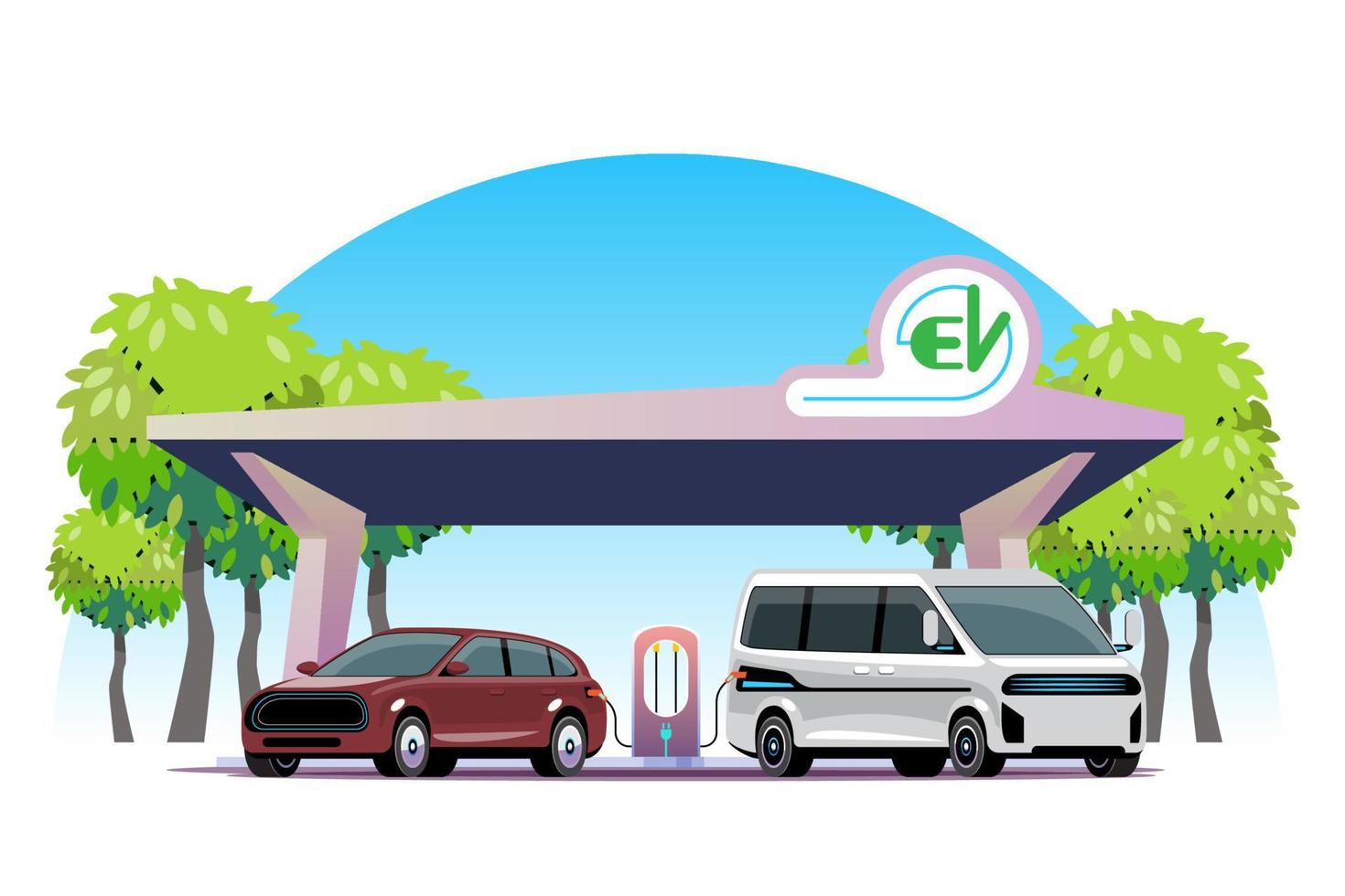 electromóvil cargando estación. eléctrico coche cargando a cargador estación. electromovilidad emoción concepto. verde energía concepto, vector ilustración