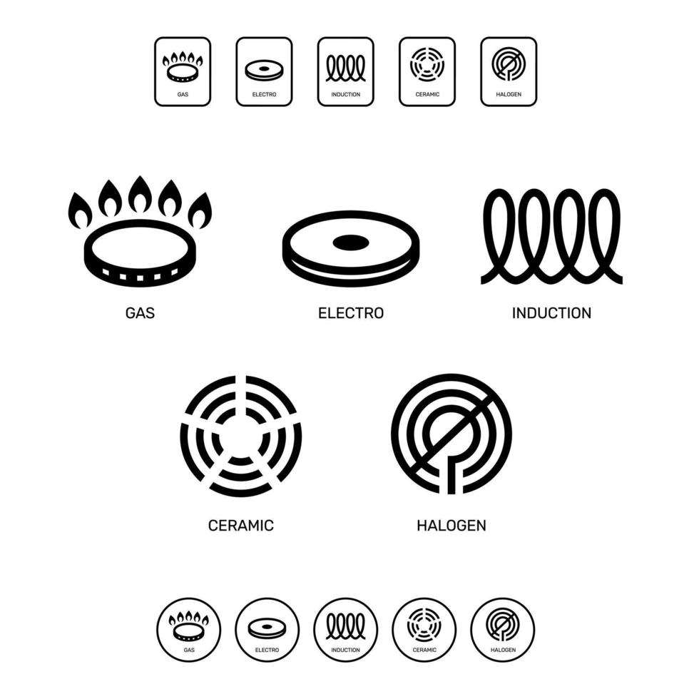 línea icono conjunto gas, electro, inducción, cerámico y halógeno cocina.eps vector