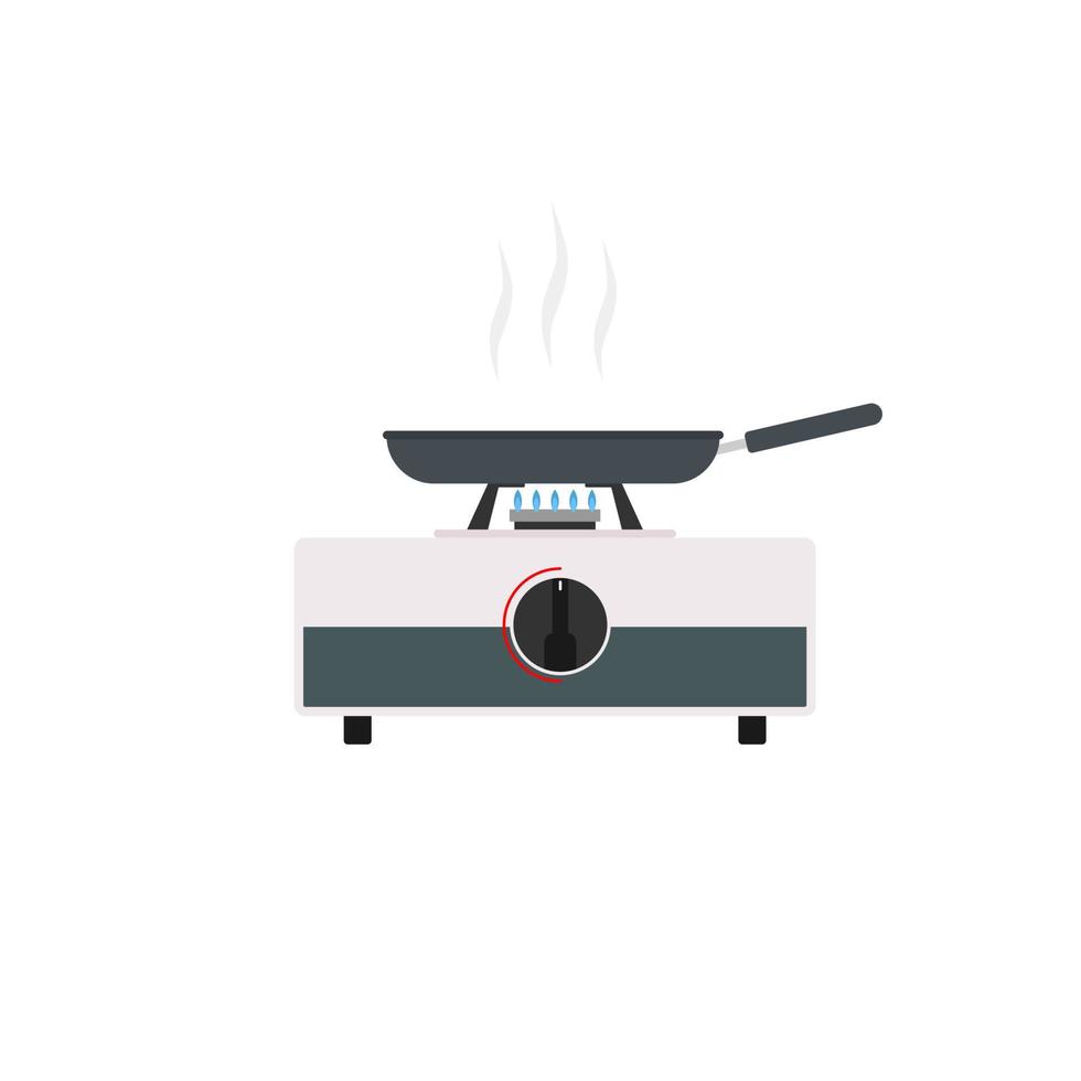 frying pan on gas stove flat design vector illustration isolated on white background. Vector illustration of kitchen utensils in cartoon simple flat style.