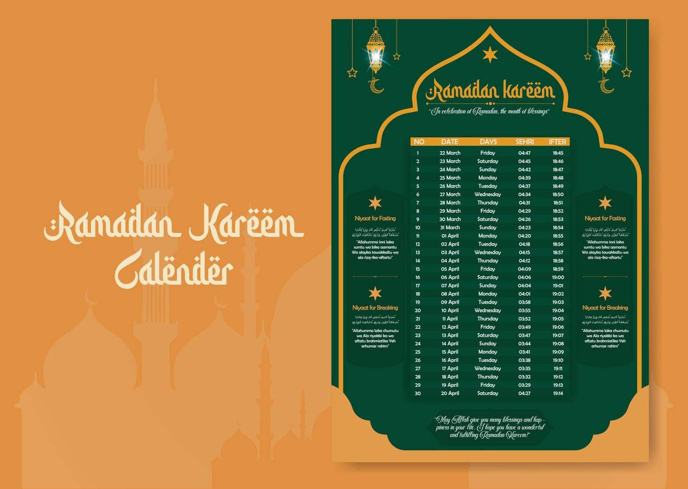 Ramadan time calendar 2023 With Prayer times in Ramadan. Ramadan Schedule - Fasting, Iftar, and Prayer timetable. Islamic background design with mosque and lamp. vector