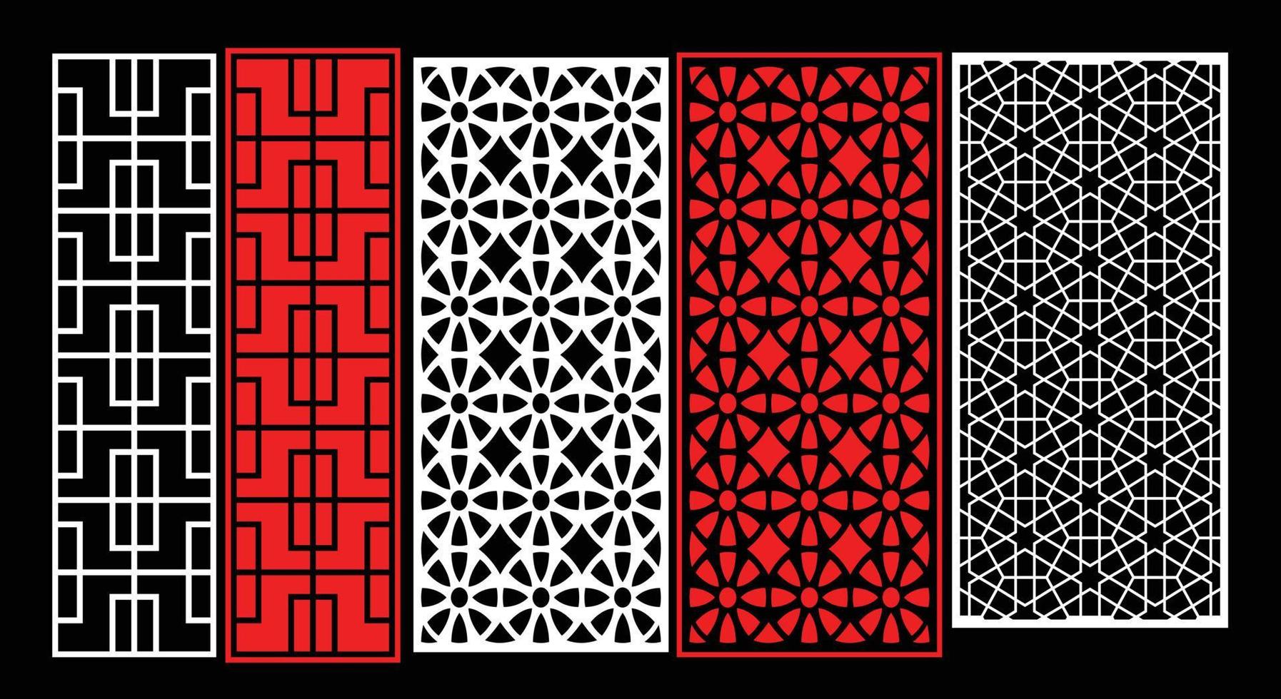 Decorative wall panels set Jali design CNC pattern, laser cutting pattern, router CNCcutting.Jali Laser cut decorative panel set with lace pattern. vector