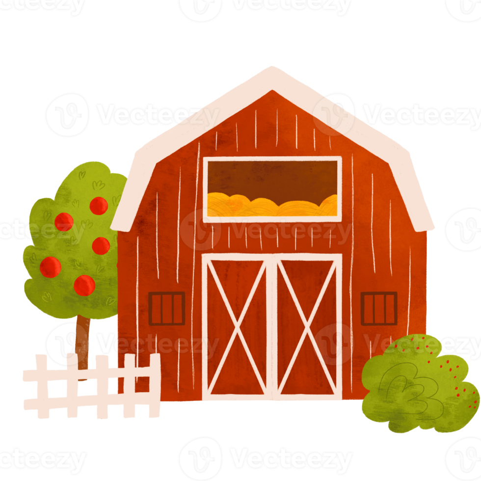 Farm builing isolated element. Cute red country house, farm barn, apple tree, bush plant, fence, garden. Hand drawn cartoon granary building, funny rural house png