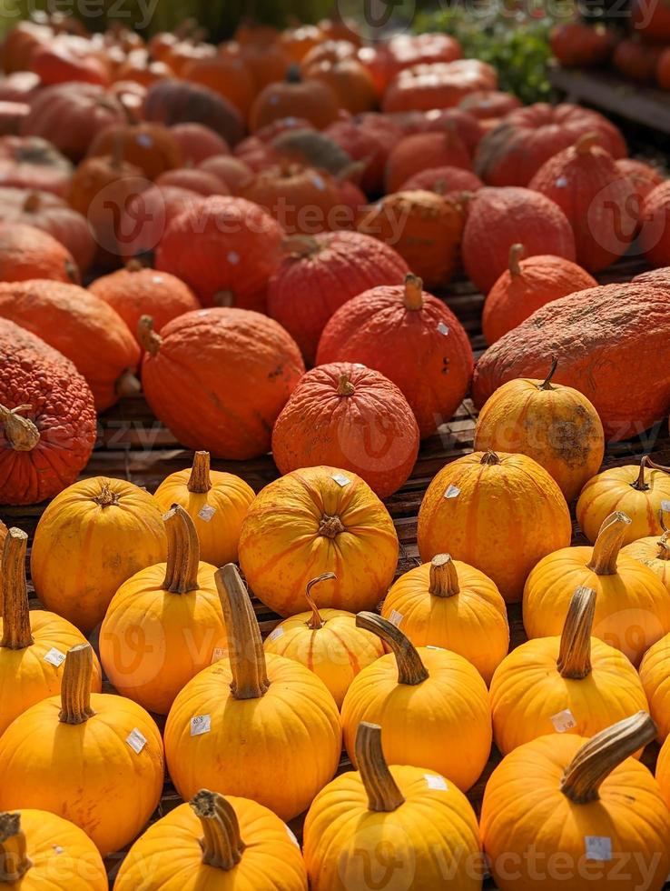 pumpkins for sale on a farm stand in fall photo