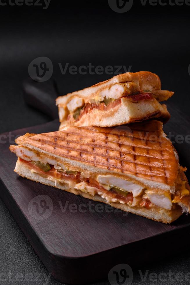Delicious crispy sandwich with chicken breast, tomatoes, ketchup and spices photo