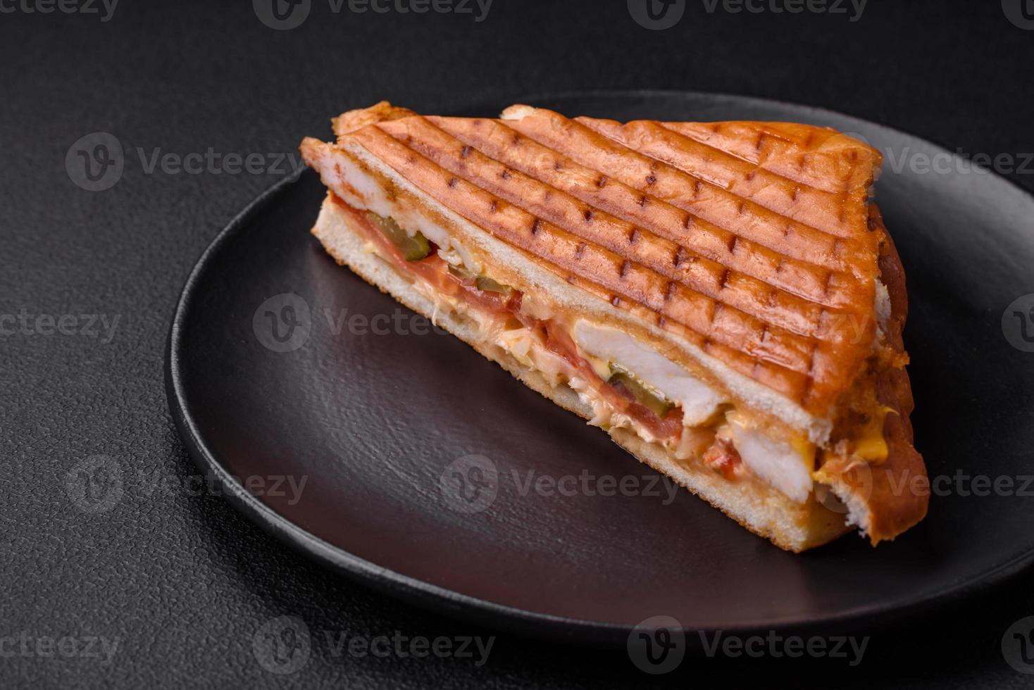 Delicious crispy sandwich with chicken breast, tomatoes, ketchup and spices photo