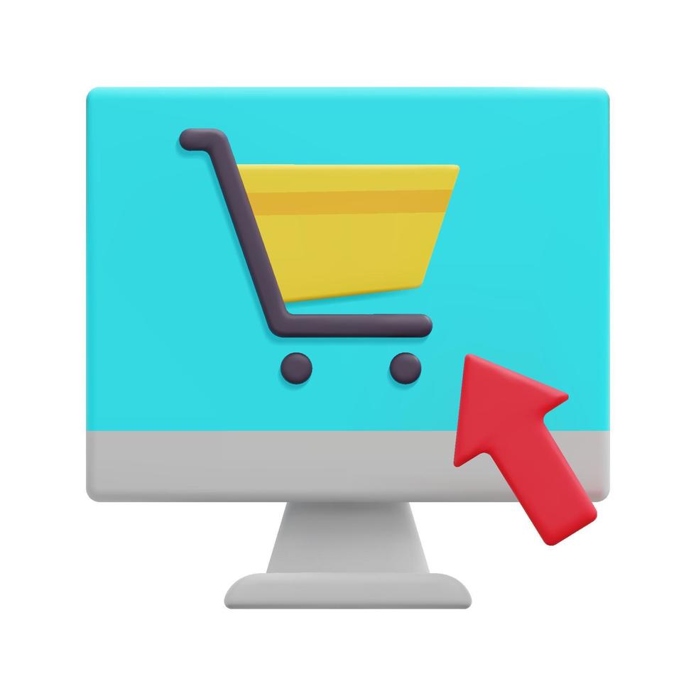 3d shopping online with monitor and arrow icon vector. Isolated on white background. 3d online shopping, online store concept. Cartoon minimal style. 3d icon vector render illustration.