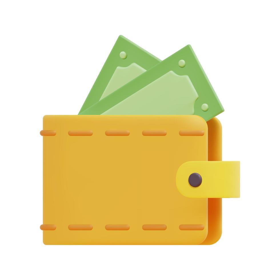 3d yellow wallet and green paper money icon vector. Isolated on white background. 3d money saving, payment concept. Cartoon minimal style. 3d bag and cash icon vector render illustration.