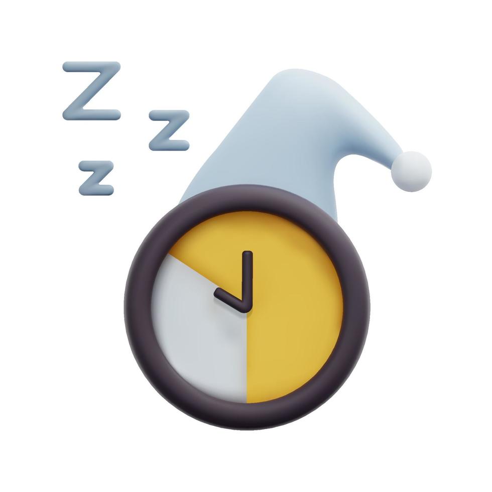 3d alarm clock sleeping icon vector. Isolated on white background. 3d night sleeping time, bedtime concept. Cartoon minimal style. 3d clock in sleeping hat icon vector render illustration.