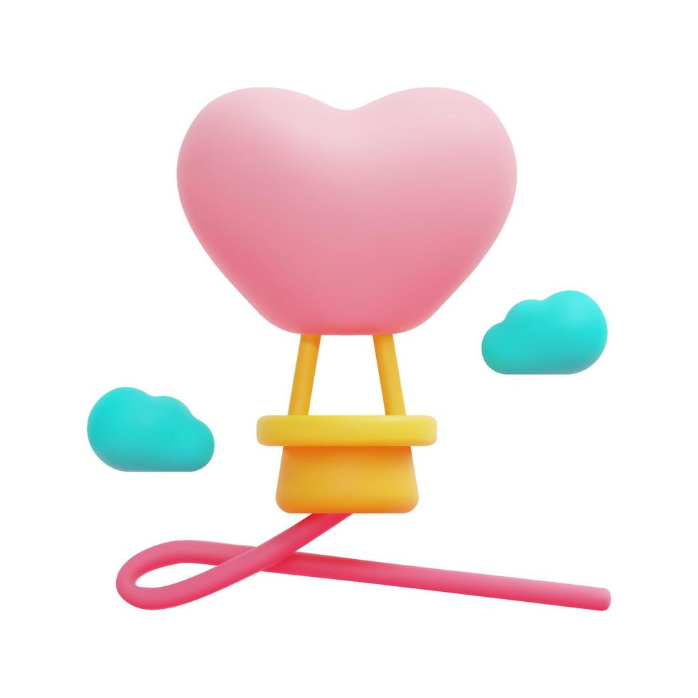 3d hot air balloon in shape of pink heart flying in clouds icon vector. 3d love and valentine day concept. Isolated on white background. 3d icon vector render illustration.