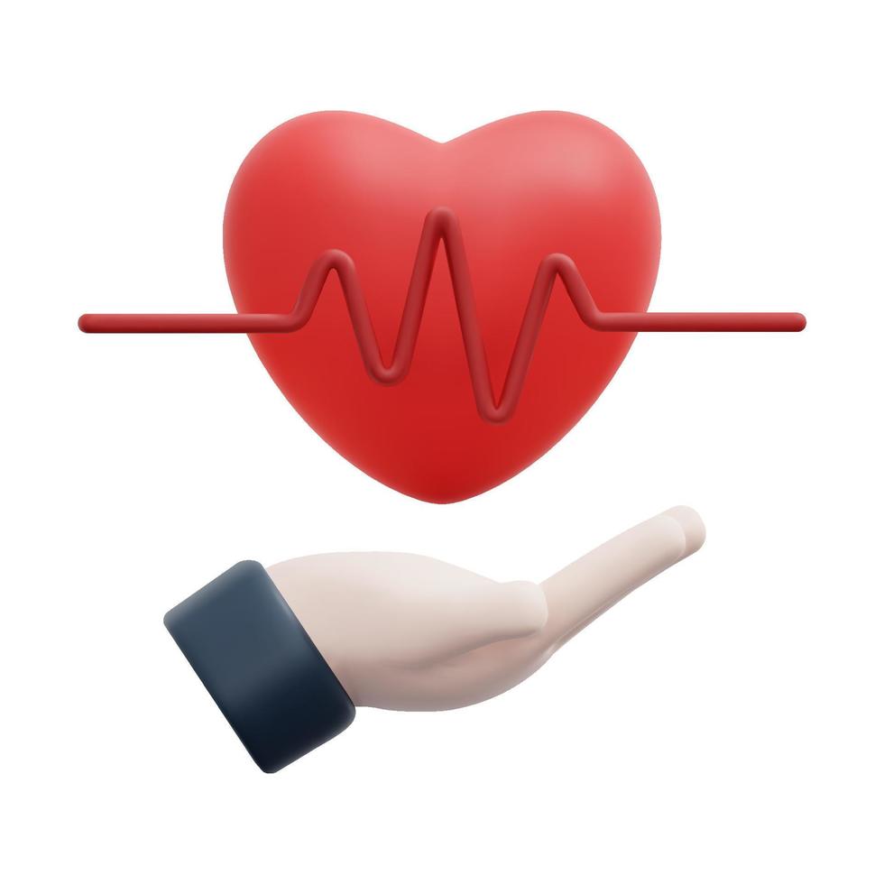 3d hand and medical heart rate icon vector. Isolated on white background. 3d health insurance concept. Cartoon minimal style. 3d icon vector render illustration.