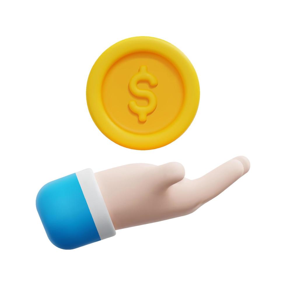 3d money coin hand holding icon vector. Isolated on white background. 3d banking, business and finance concept. Cartoon minimal style. 3d money coin saving on hand icon vector render illustration.