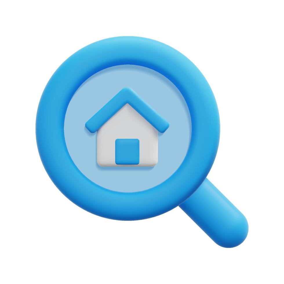 3d house search icon vector. Isolated on white background. 3d rental property and real estate concept. Cartoon minimal style. 3d magnifying glass and home icon vector render illustration.