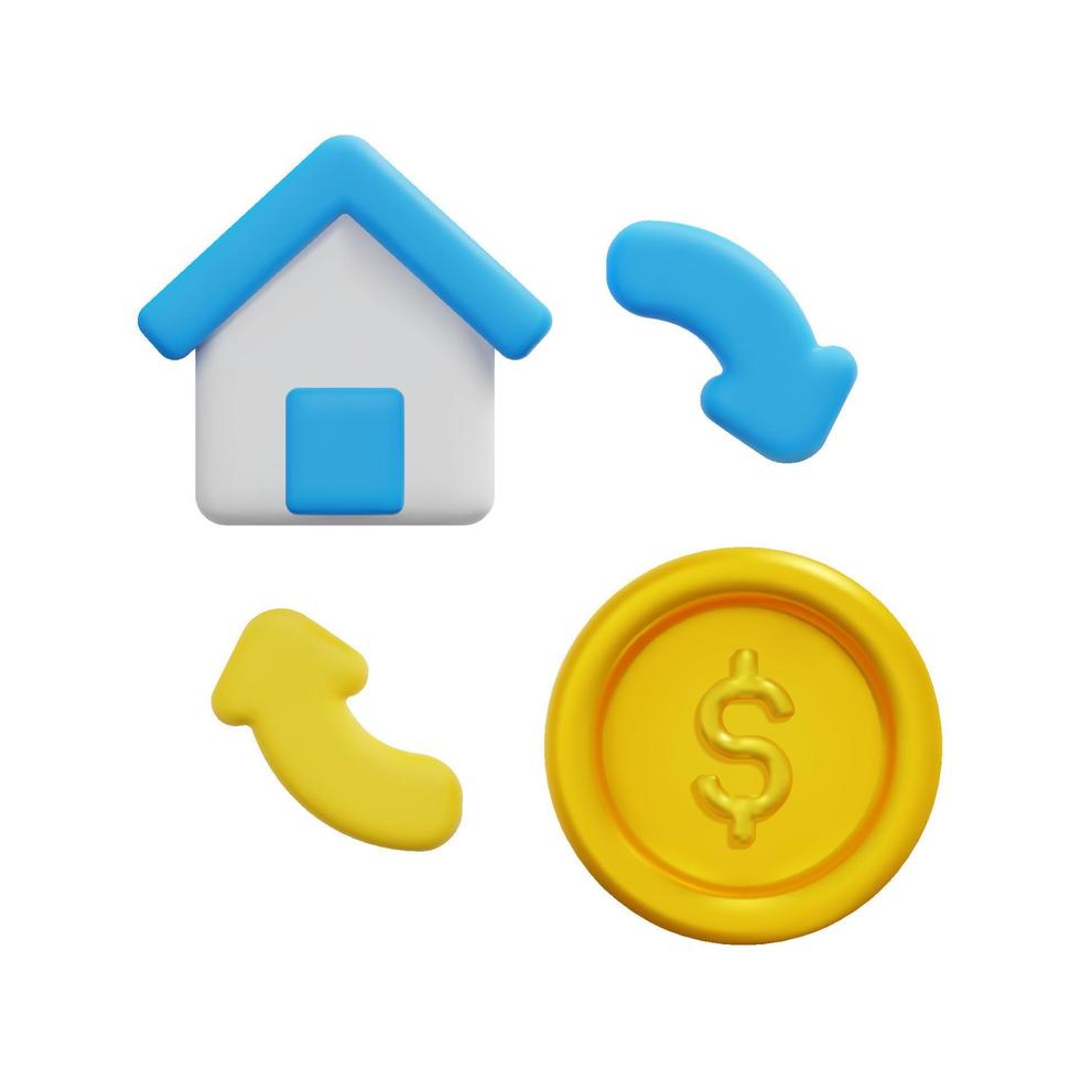 3d house and coin icon vector. Isolated on white background. 3d rental property and real estate concept. Cartoon minimal style. 3d house icon vector render illustration.