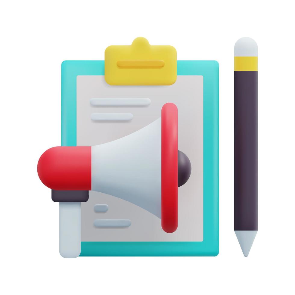 3d megaphone and clipboard icon vector. Loudspeaker for announce promotion in social media and network. 3d content marketing concept. Isolated on white background. 3d icon vector render illustration.