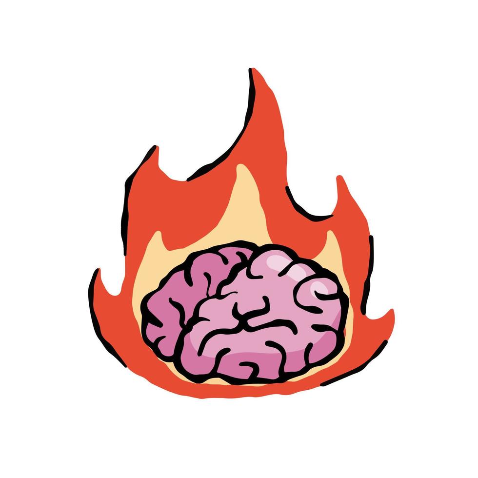 cerebro en fuego. concepto de agotamiento a trabajar, fatiga y estrés. emocional problemas. fuego y incendio. mano dibujado dibujos animados ilustración vector