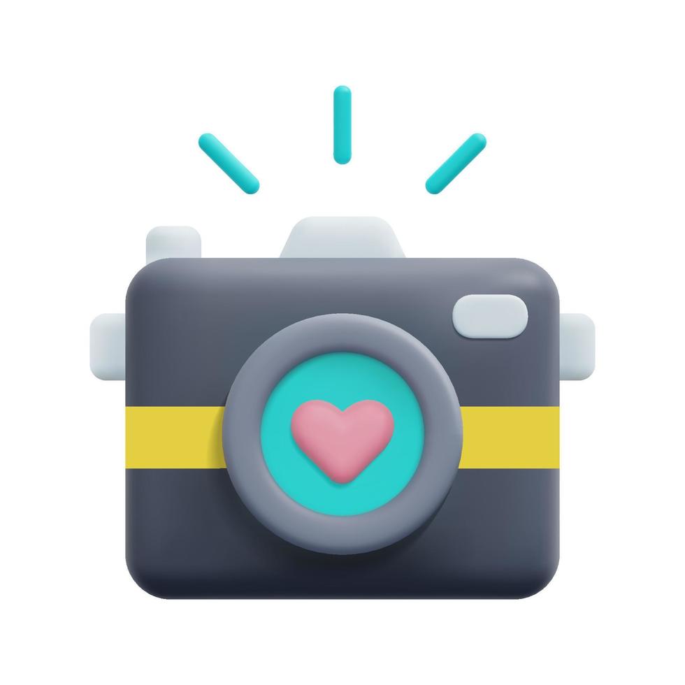 3d love photo camera icon vector. Camera icon with a heart symbol on the len. 3d love, valentine day and wedding photographer concept. Isolated on white background. 3d icon vector render illustration.