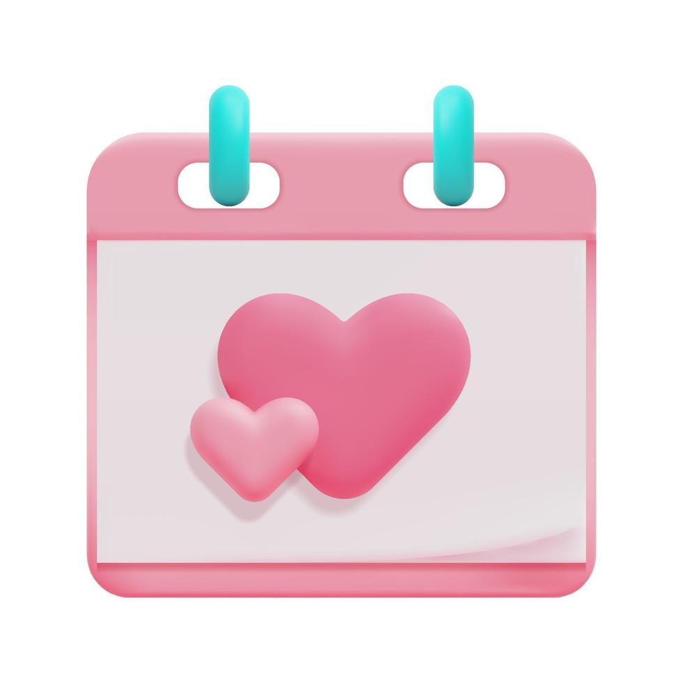 3d pink calendar with heart icon vector. Holiday of all lovers. 3d notes reminder, february 14 and valentine day concept. Isolated on white background. 3d calendar icon vector render illustration.