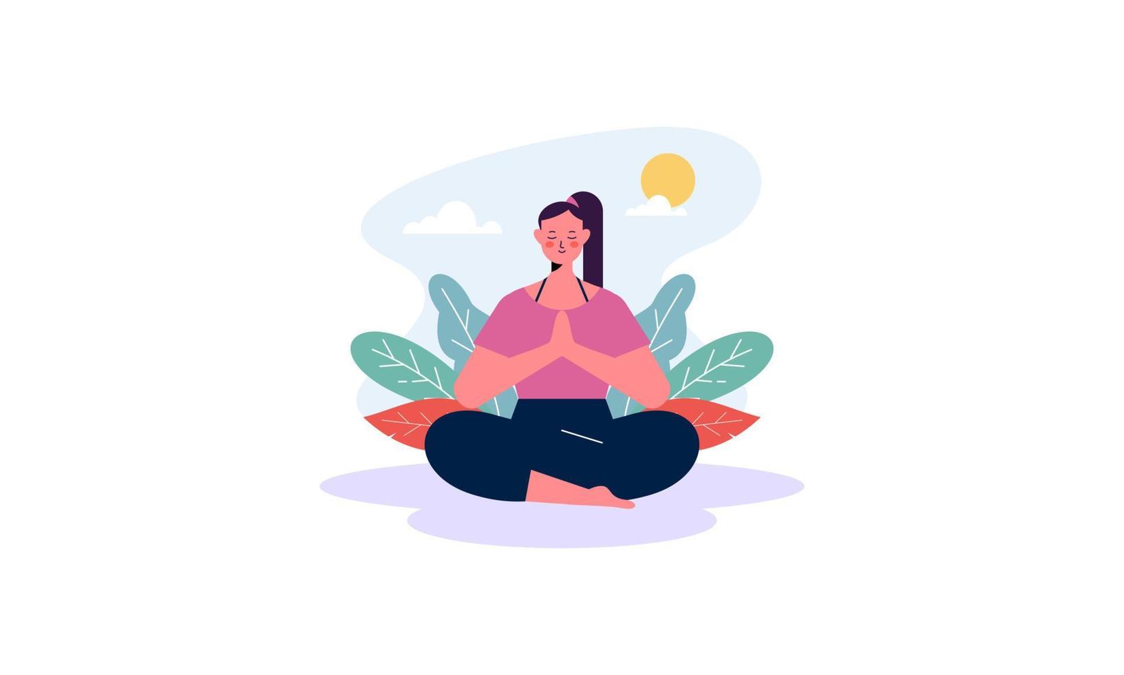 mujer meditando en yoga loto postura en naturaleza concepto ilustración vector