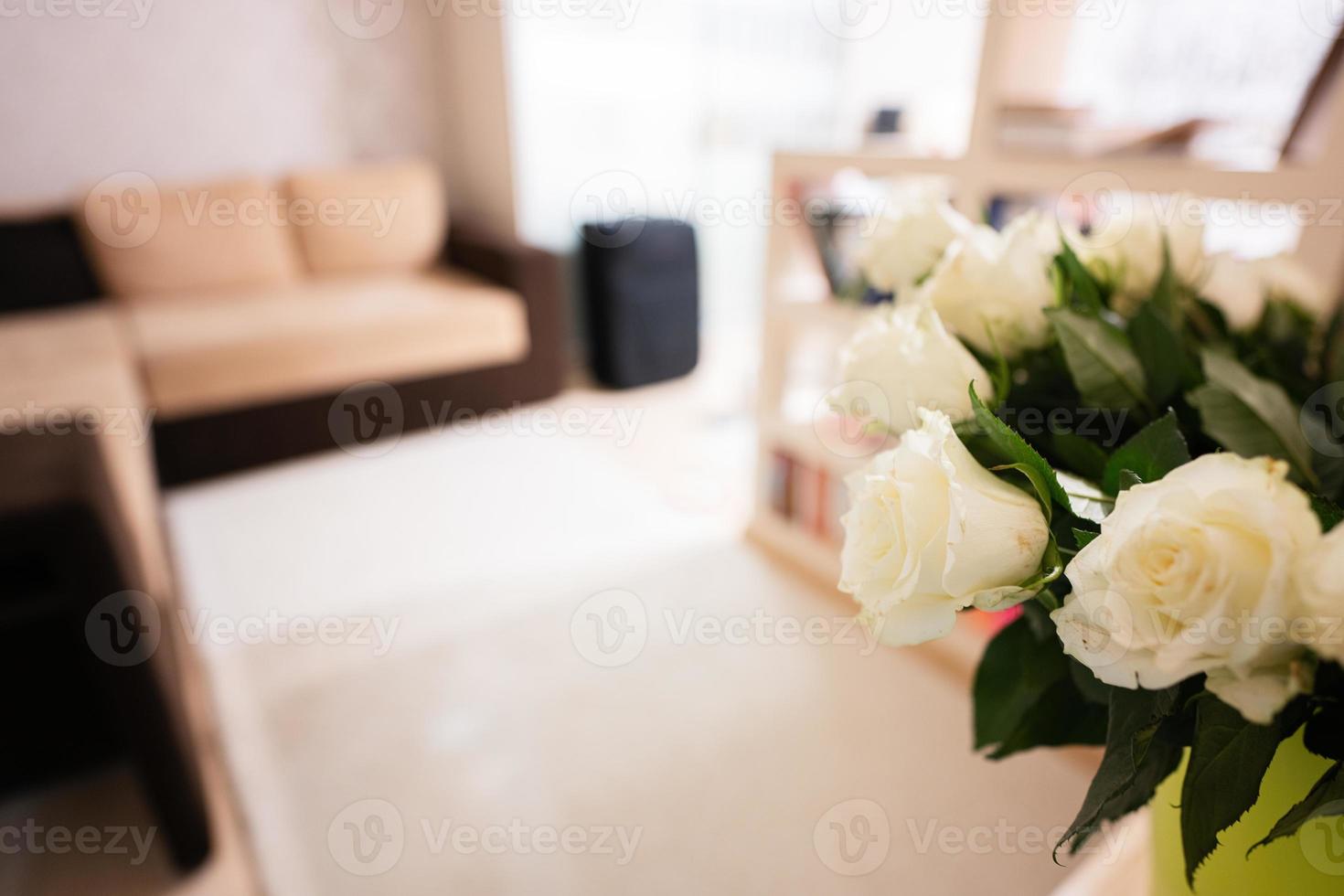 White roses flowers bouquet in green pot at home. photo