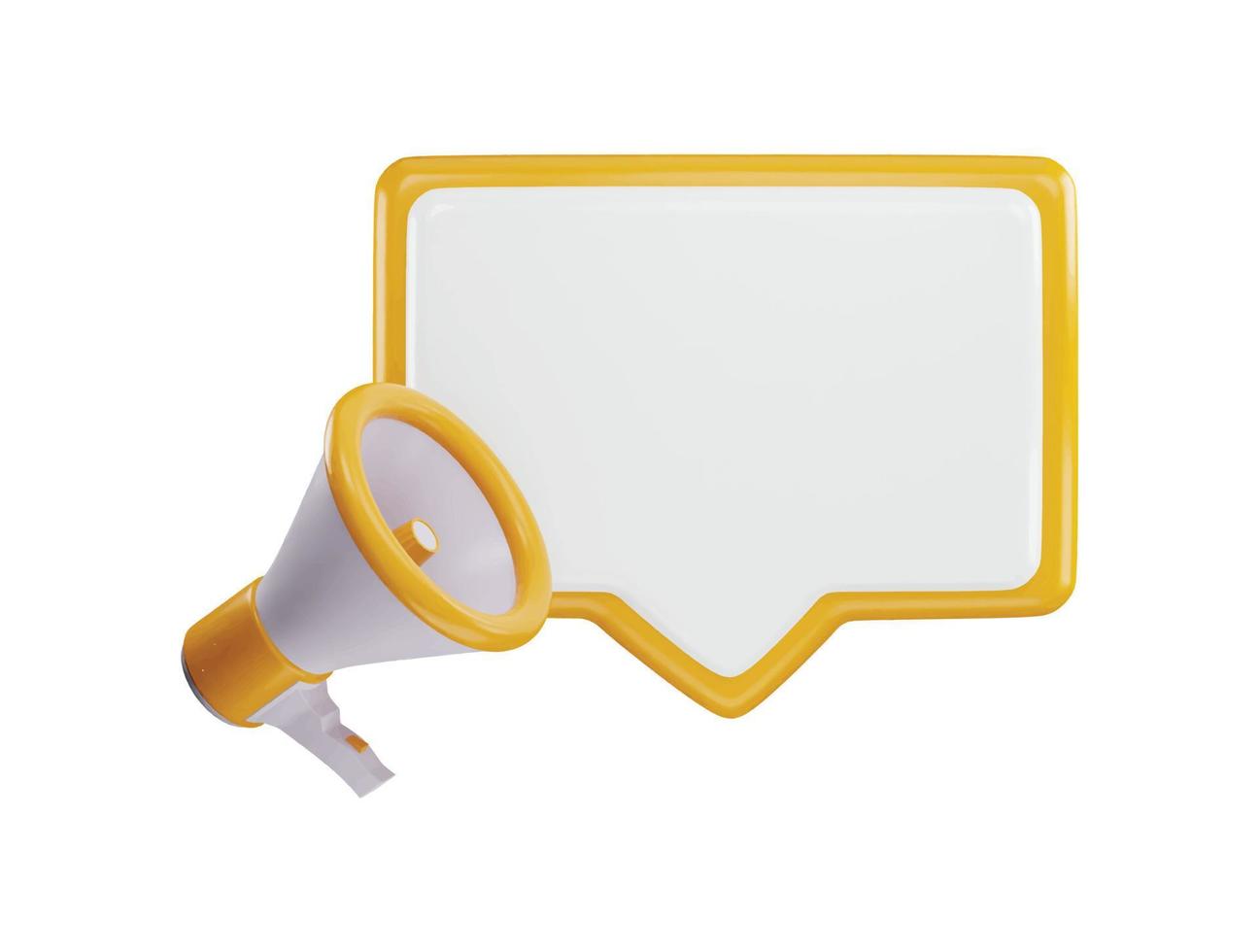 A yellow megaphone with a white background and a white speech bubble icon with 3d vector icon